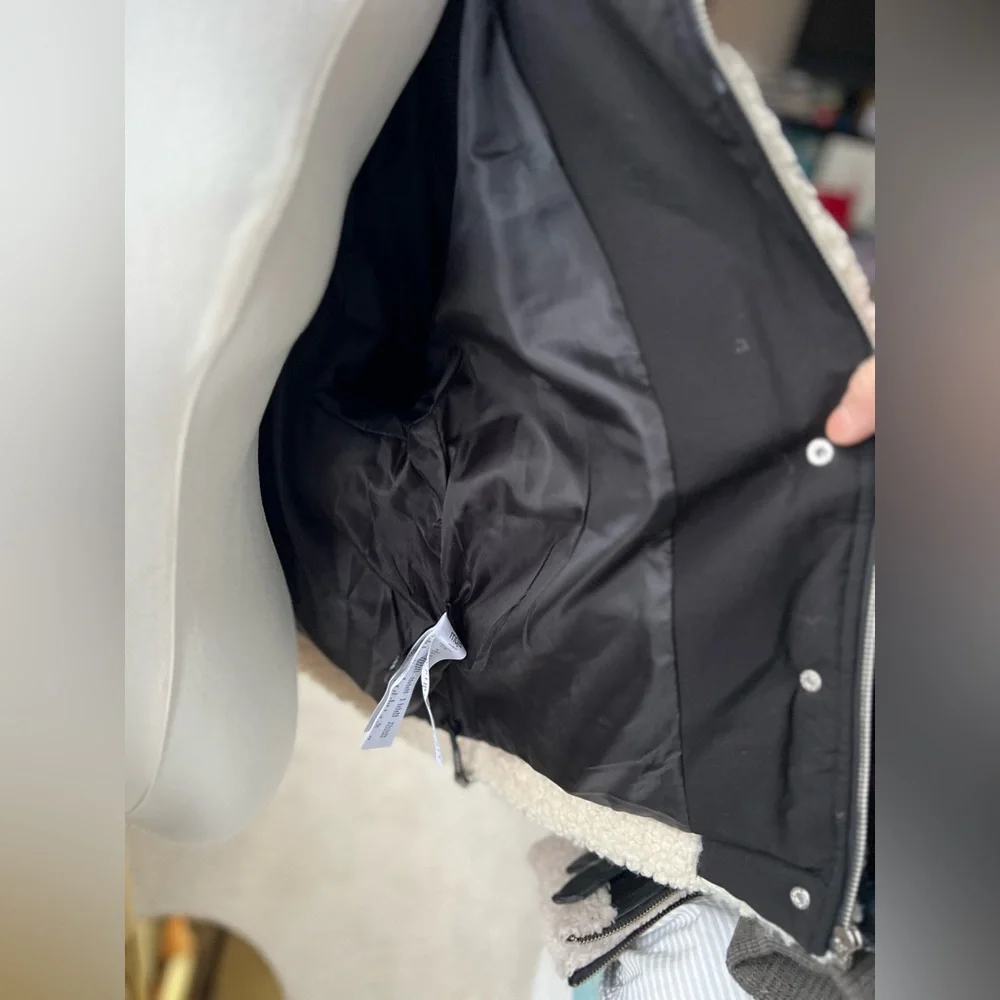 Maje Black Cream High Pile Fleece Faux Shearling Hoodie Puffer Jacket Sz 0 (XS) - Picture 14 of 16